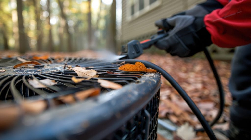 Seasonal HVAC Maintenance: Person Cleaning Outdoor Air Conditioning Unit with Pressure Washer in Autumn