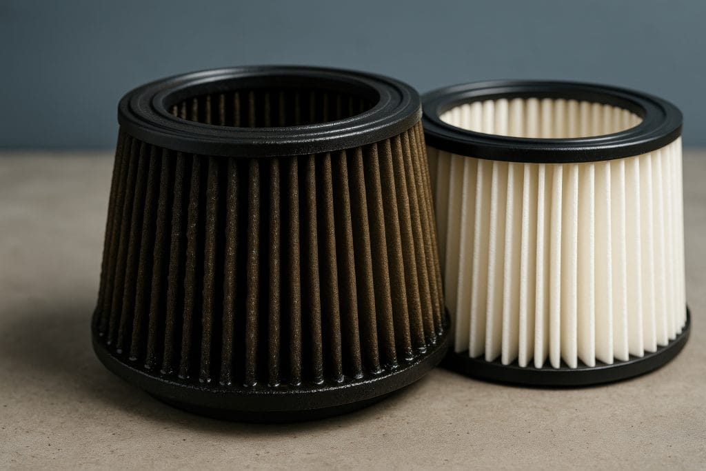 Used and new automotive air filters side by side on neutral surface, comparison of clean and dirty filtration elements