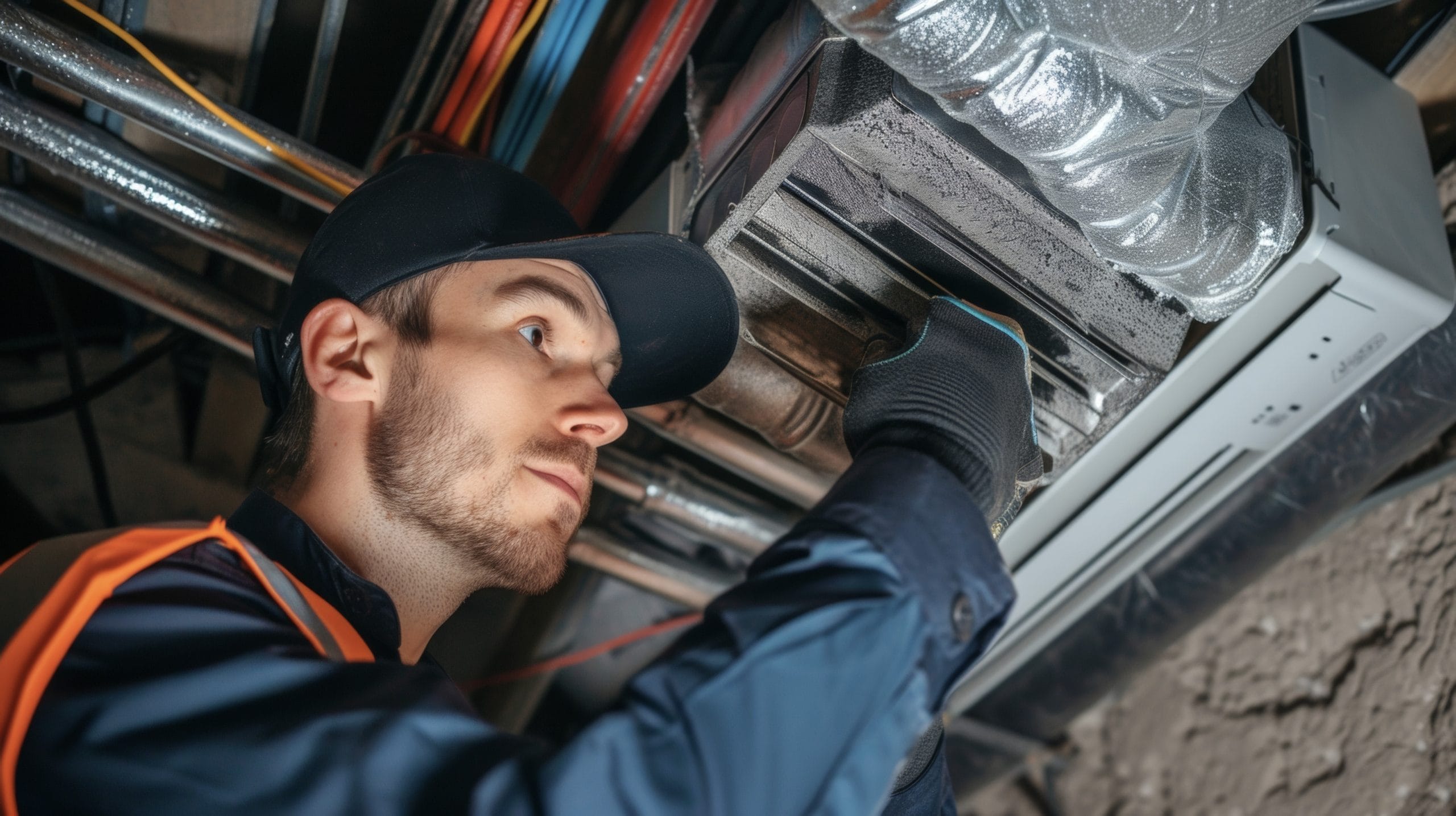 A skilled technician carefully inspecting and repairing a malfunctioning air duct ensuring proper air flow and distribution throughout the home