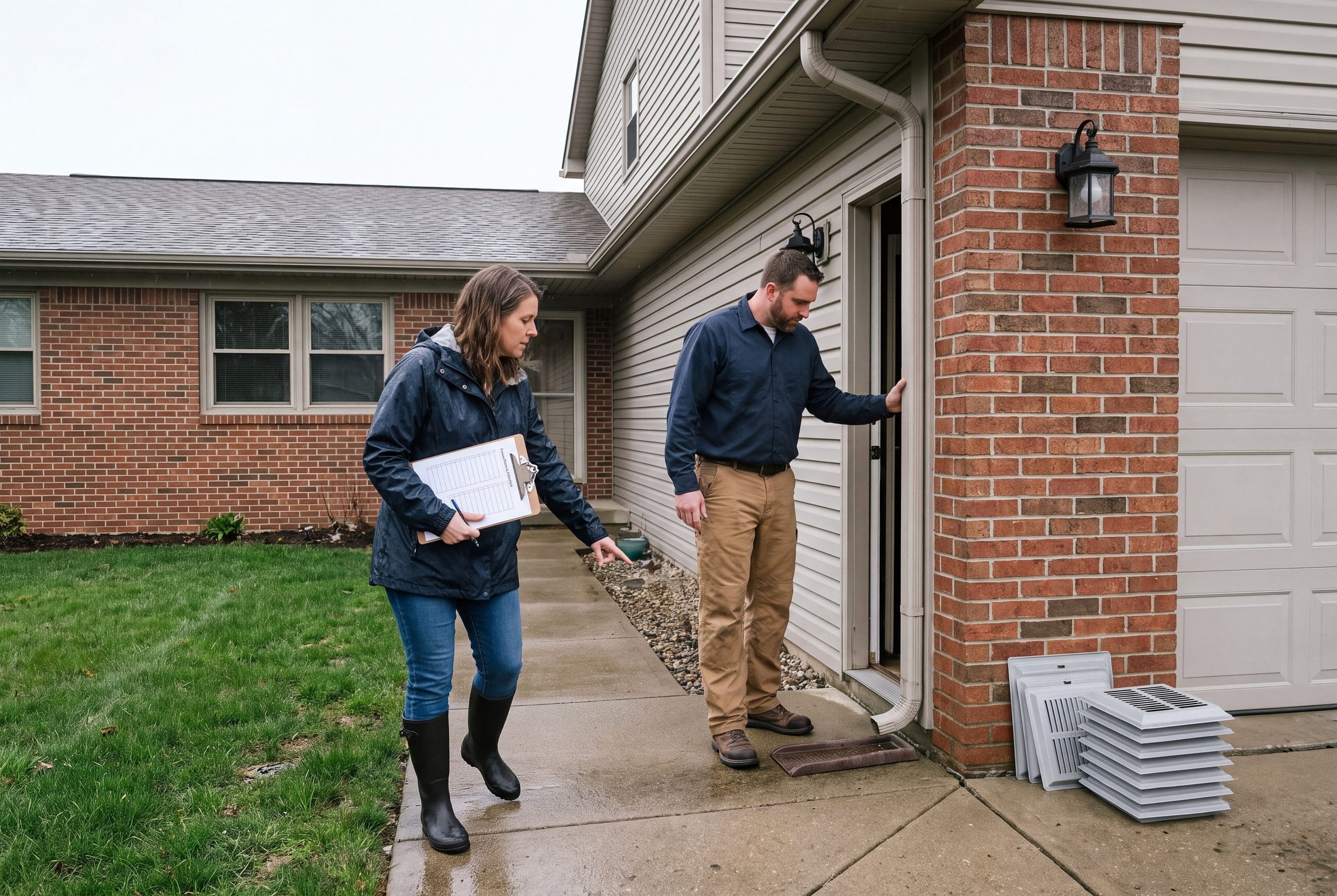 Experts inspecting residential facade
